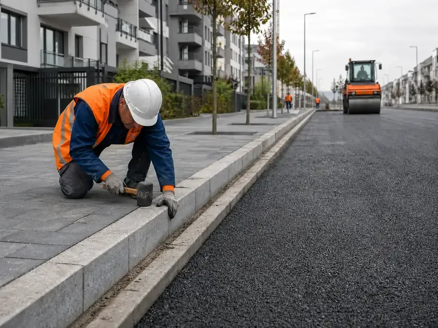 Yeni asfalt yol kenarında bordür uygulaması yapan çalışan