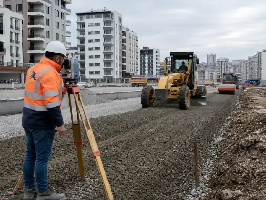 Zemin kotunu ölçen saha uzmanı ve çalışan greyder