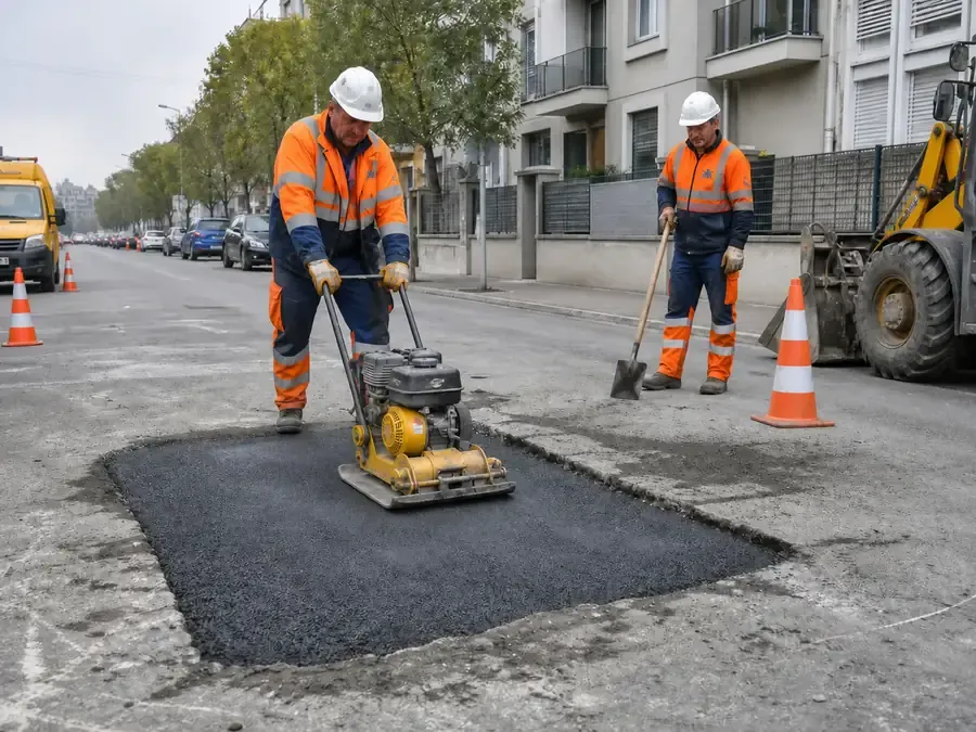 Bozulan yol yüzeyinde asfalt yama ve sıkıştırma çalışması